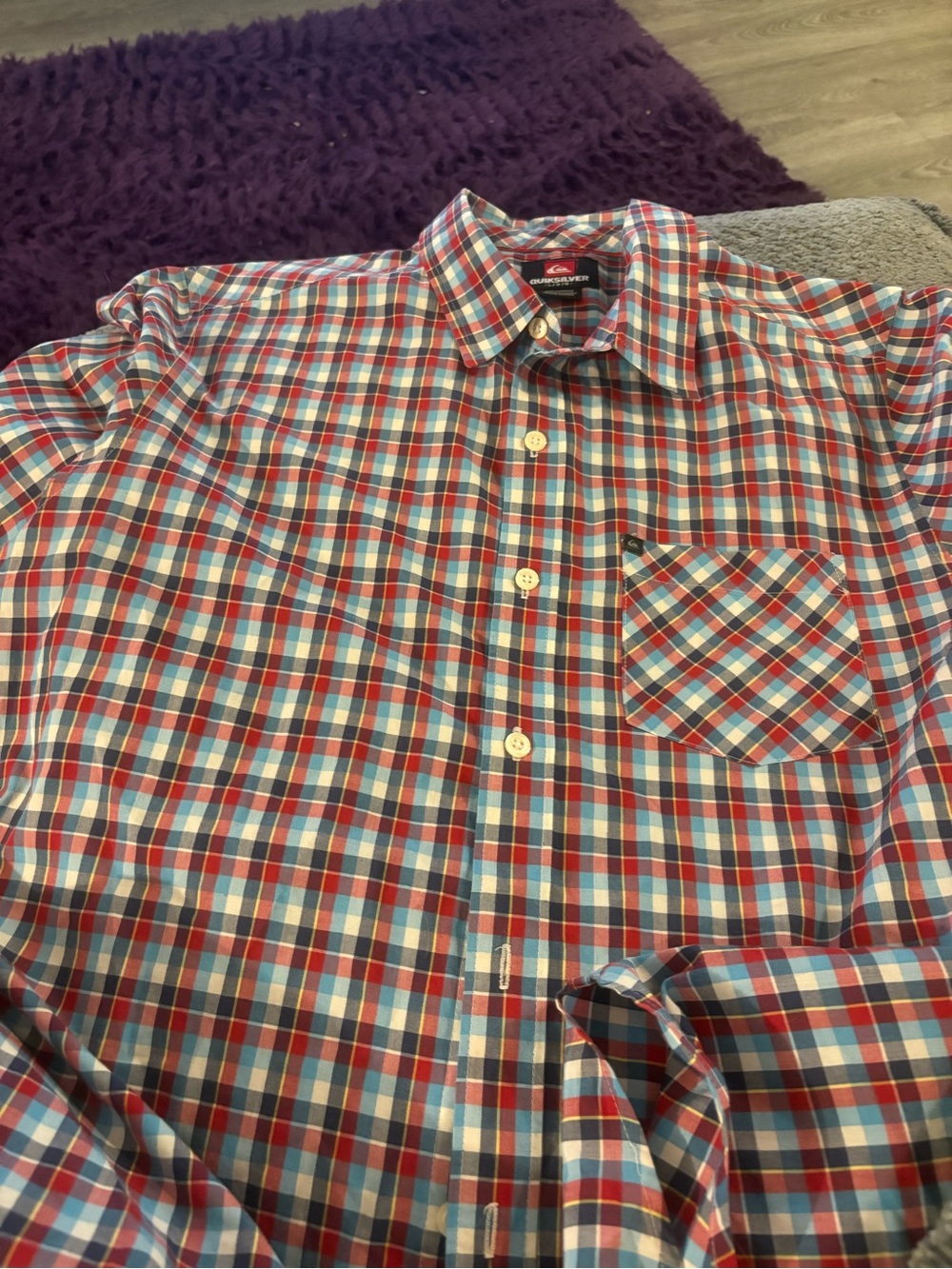 Quiksilver Red, Blue & White Plaid Button-Down Shirt